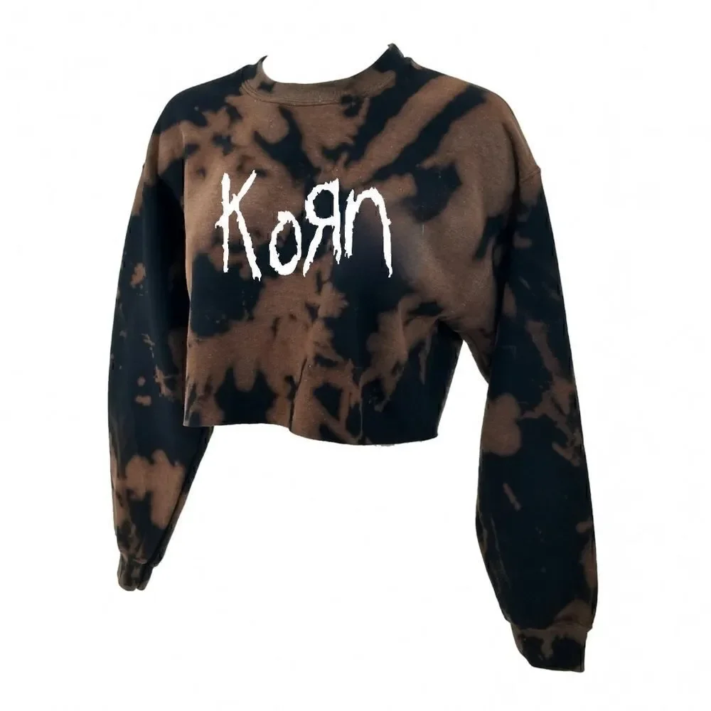 KORN Acid Wash Distressed "Cropped" Crop Top Long Sleeve Crewneck Sweatshirt y2k - Picture 3 of 5